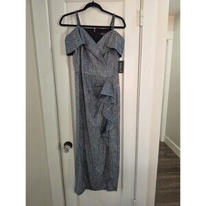 Alexa B Blue Silver Glitter Ruffle Evening Dress V-Neck Cold Shoulder Size 8